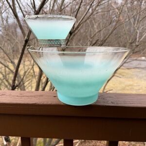 Aqua Frosted Glass vintage Mid-Century Modern "Blendo" chip and dip bowl set